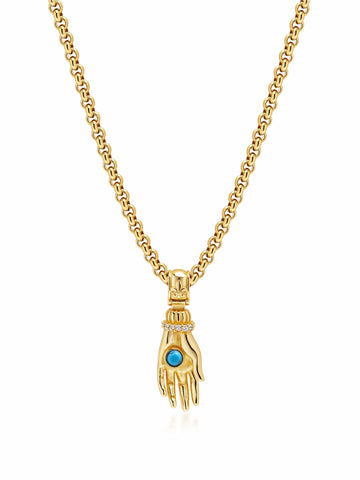 Nialaya Women's Necklace Men's Hand Pendant with a Small Turquoise Gemstone in Gold Men's Hand Pendant with a Small Turquoise Gemstone in Gold